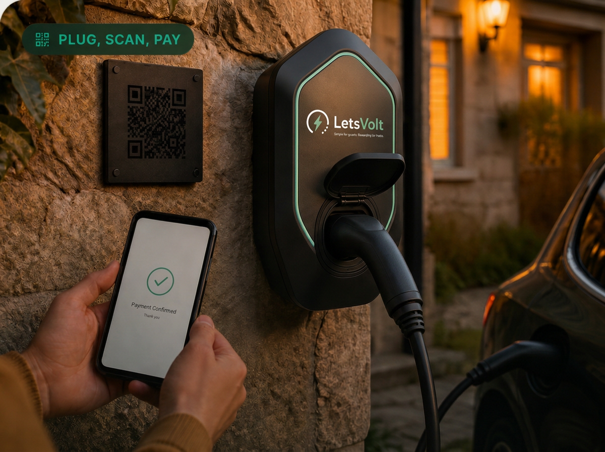 LetsVolt QR-code payment plaque mounted beside the charger on a cottage wall