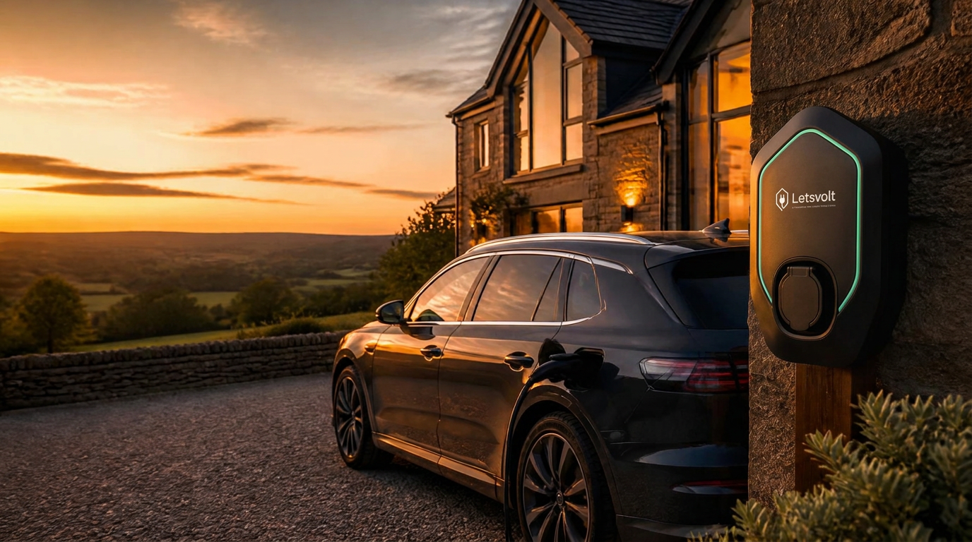 Electric car charging from a black LetsVolt charger outside a countryside holiday let at sunset