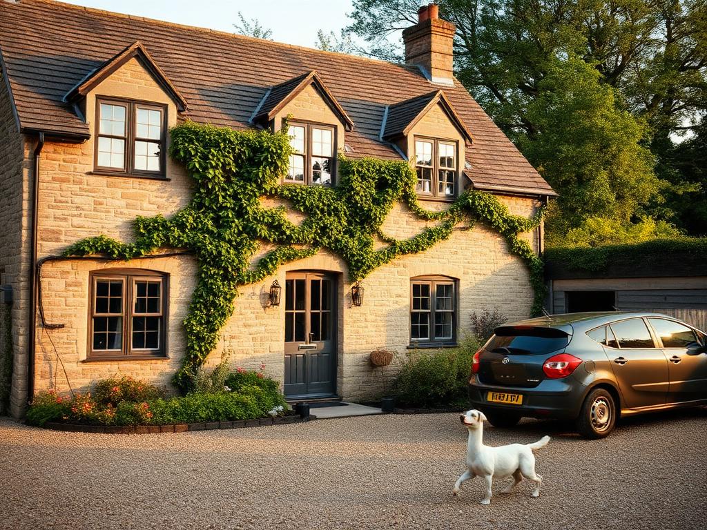 Traditional British stone holiday cottage with gravel off-road parking