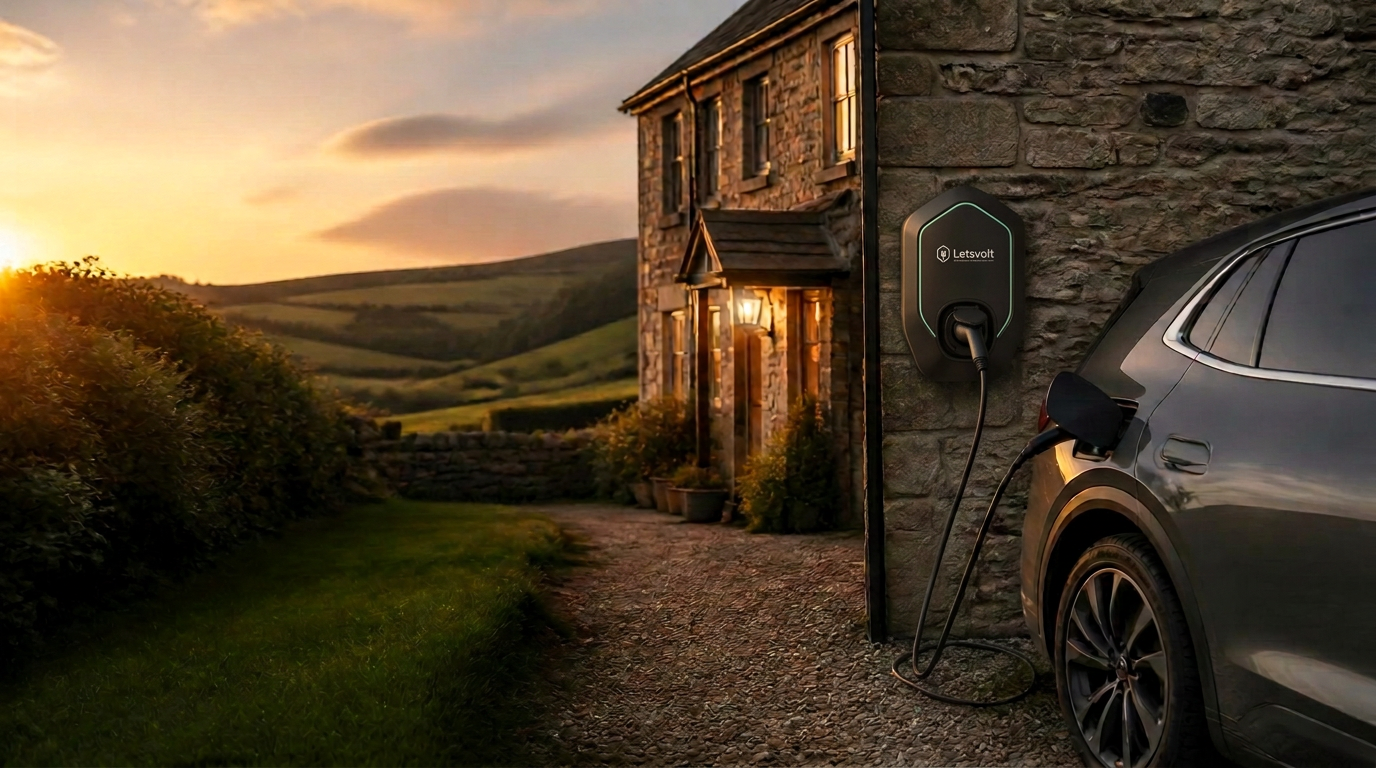 UK stone holiday cottage at golden hour with a modern electric car charging from a wall-mounted LetsVolt charger