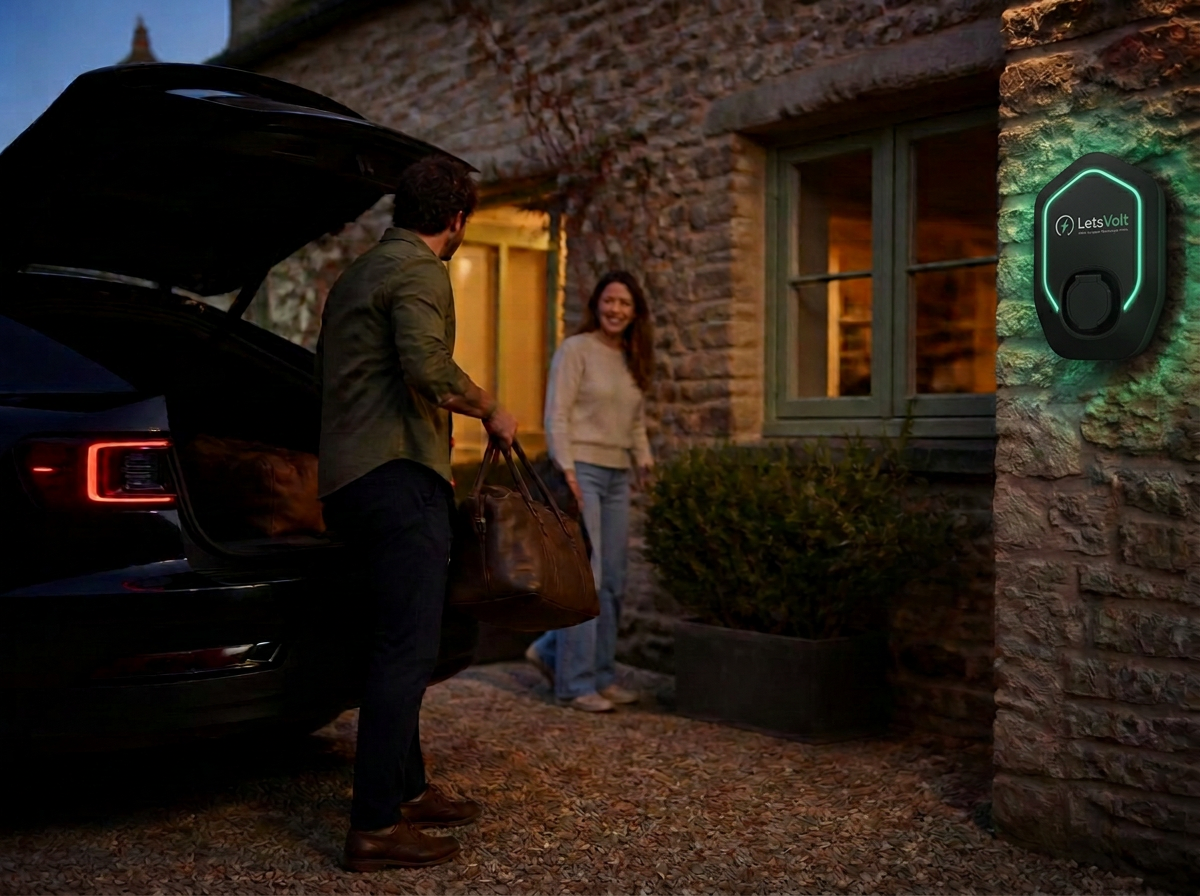 Guests arriving at a stone holiday cottage in the evening with their electric car plugged into a LetsVolt charger