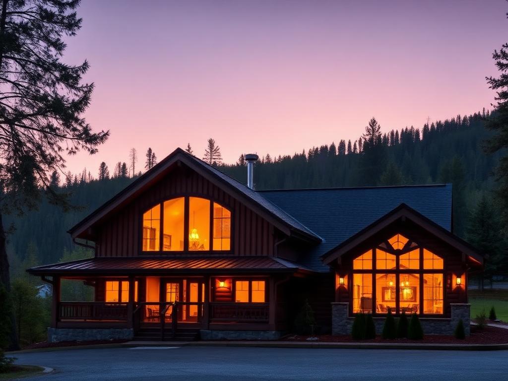 Modern timber-clad rural lodge lit warmly at dusk