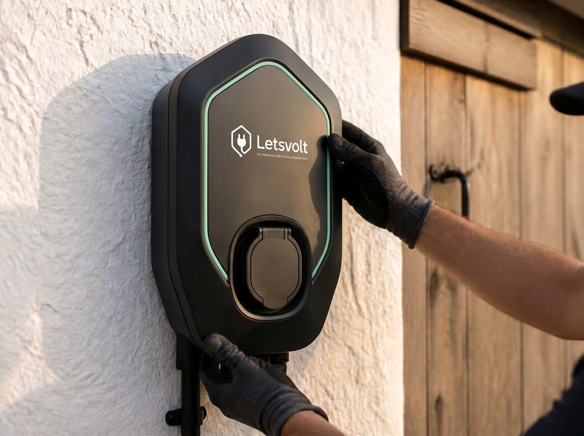 Wall-mounted LetsVolt EV charger installed on the stone wall of a countryside cottage