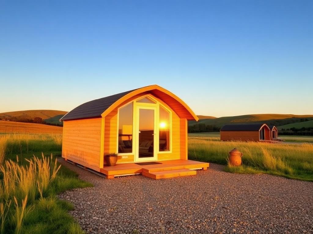 Glamping pod in a meadow with a gravel guest parking space