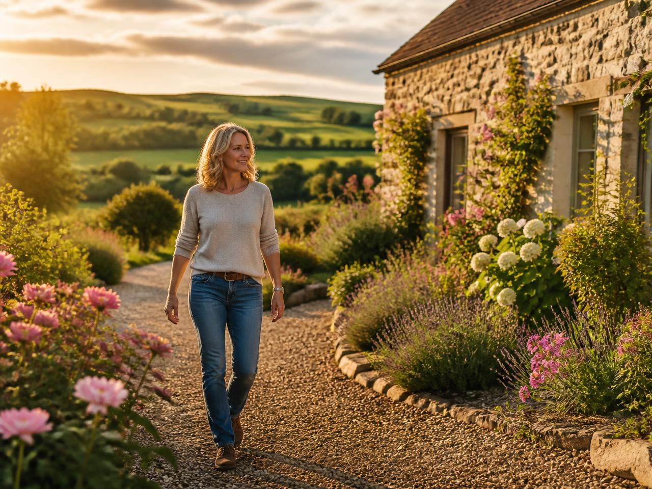 Holiday let host walking through the garden of a countryside cottage at golden hour
