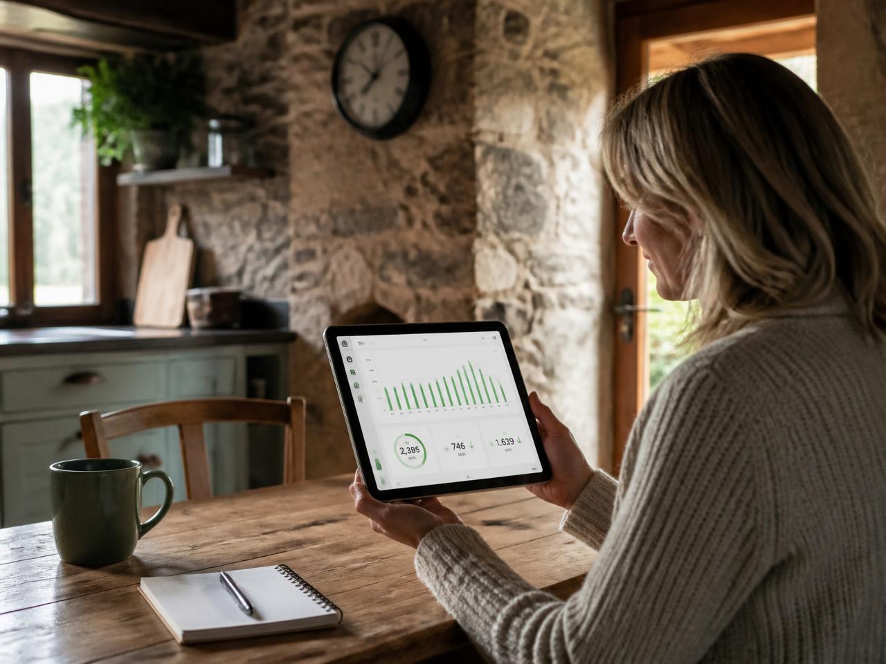 Holiday let owner reviewing charging energy usage on a tablet in a stone cottage kitchen