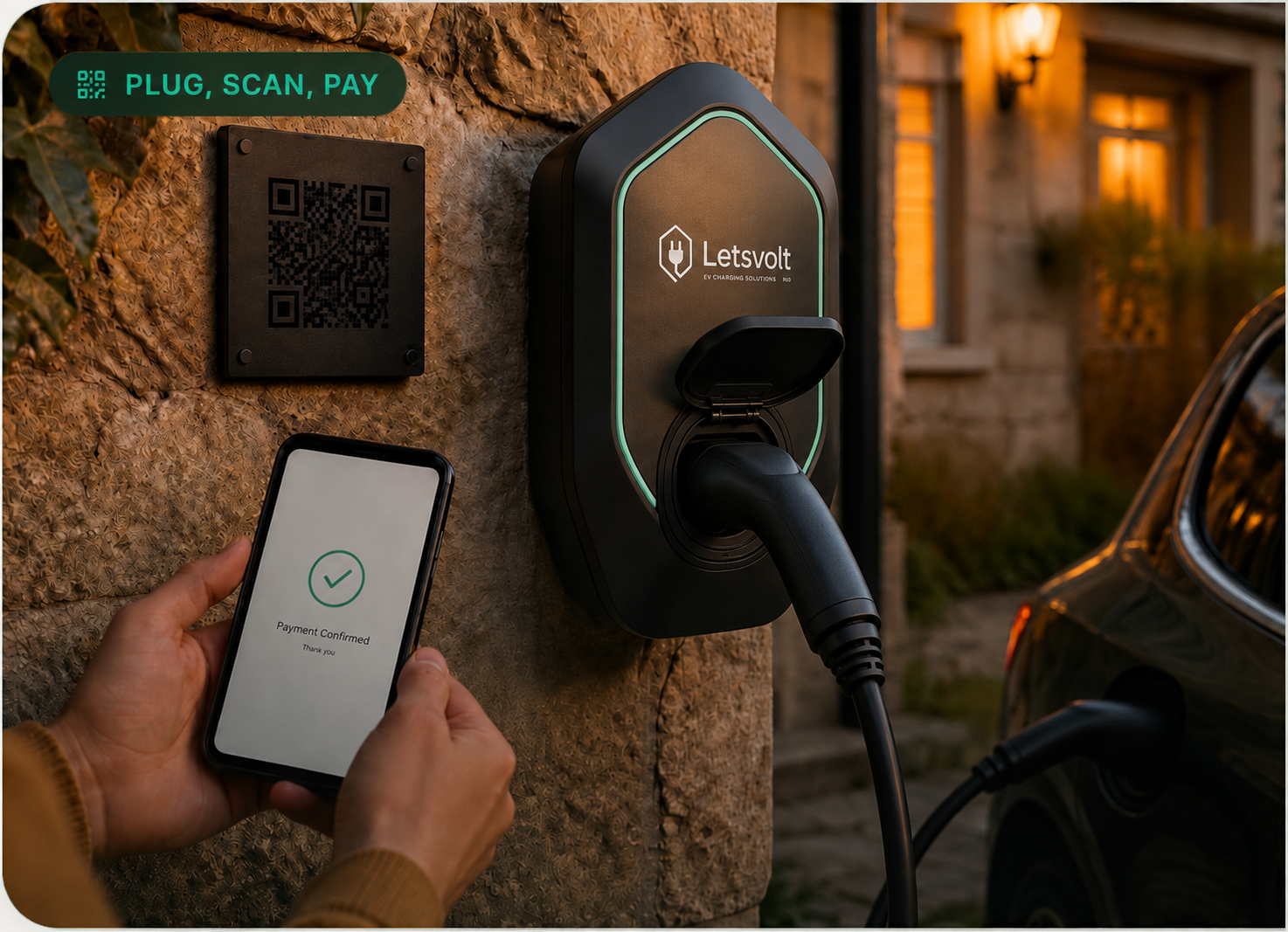 Guest holding a phone showing a confirmed payment beside a LetsVolt charger and QR-code plaque