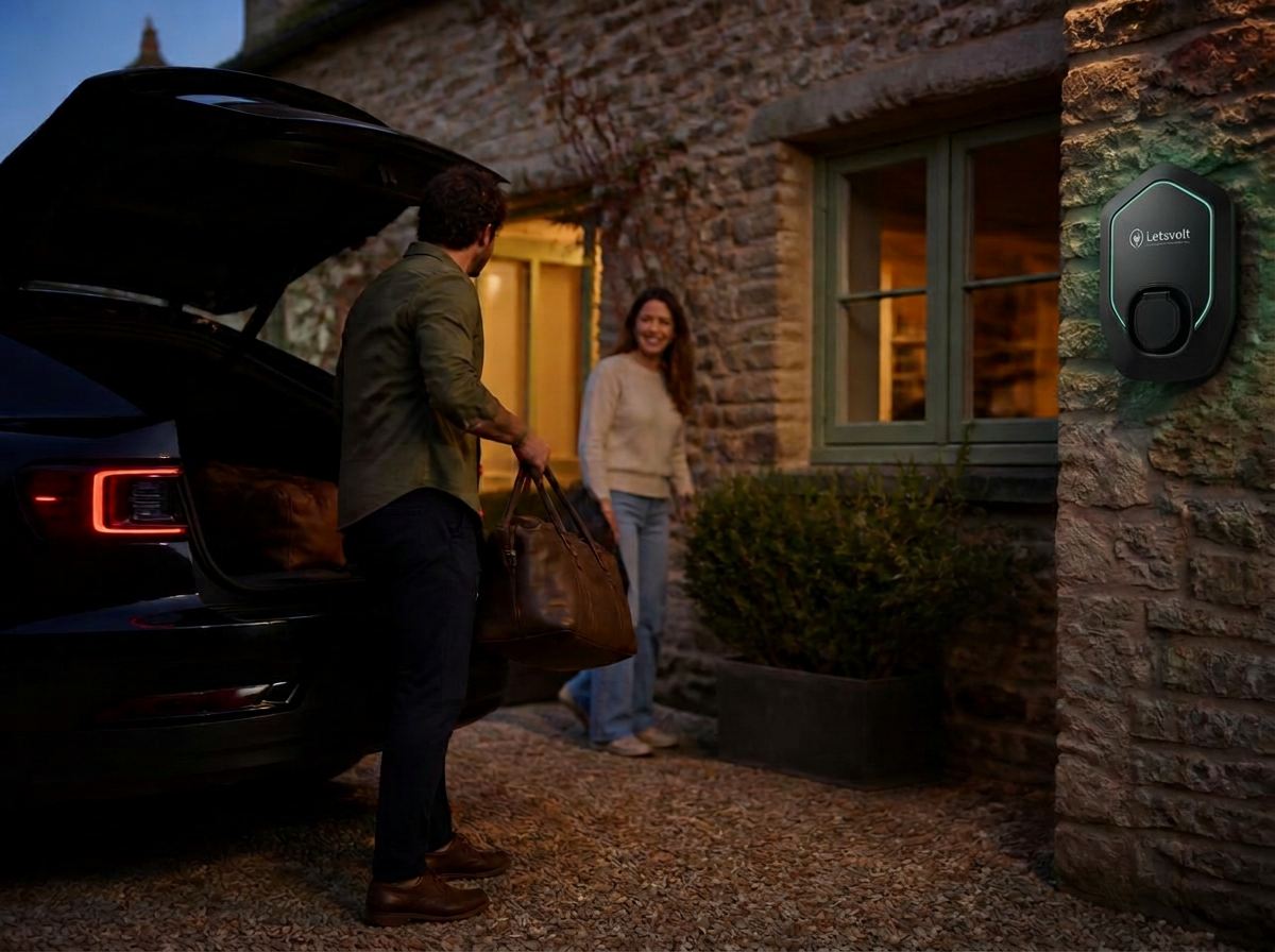 Guests arriving at a stone holiday cottage in the evening with their electric car plugged into a LetsVolt charger