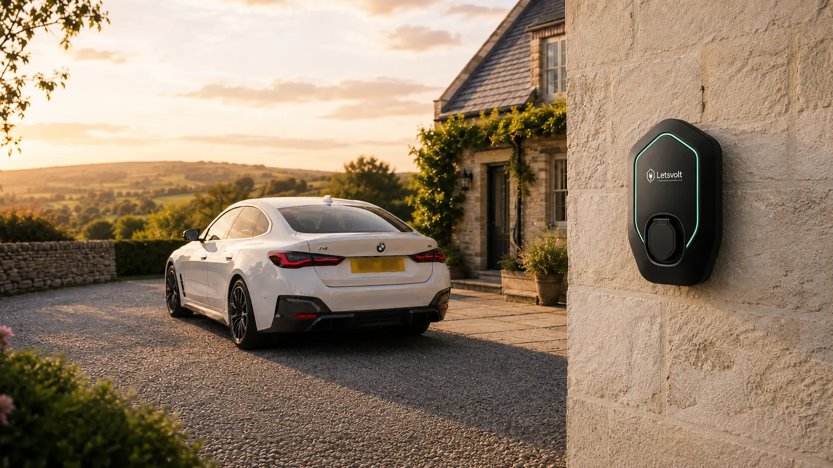 Peak District stone holiday cottage at golden hour with a white BMW i4 parked outside and a wall-mounted LetsVolt EV charger