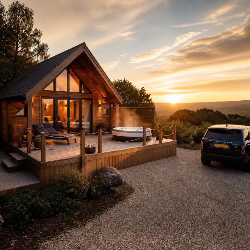 Timber glamping lodge in the countryside at golden hour with gravel parking