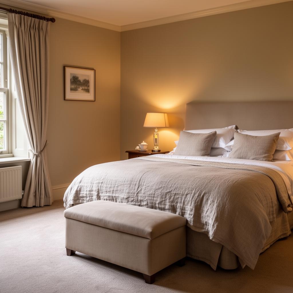 Boutique country inn bedroom with warm lamp lighting