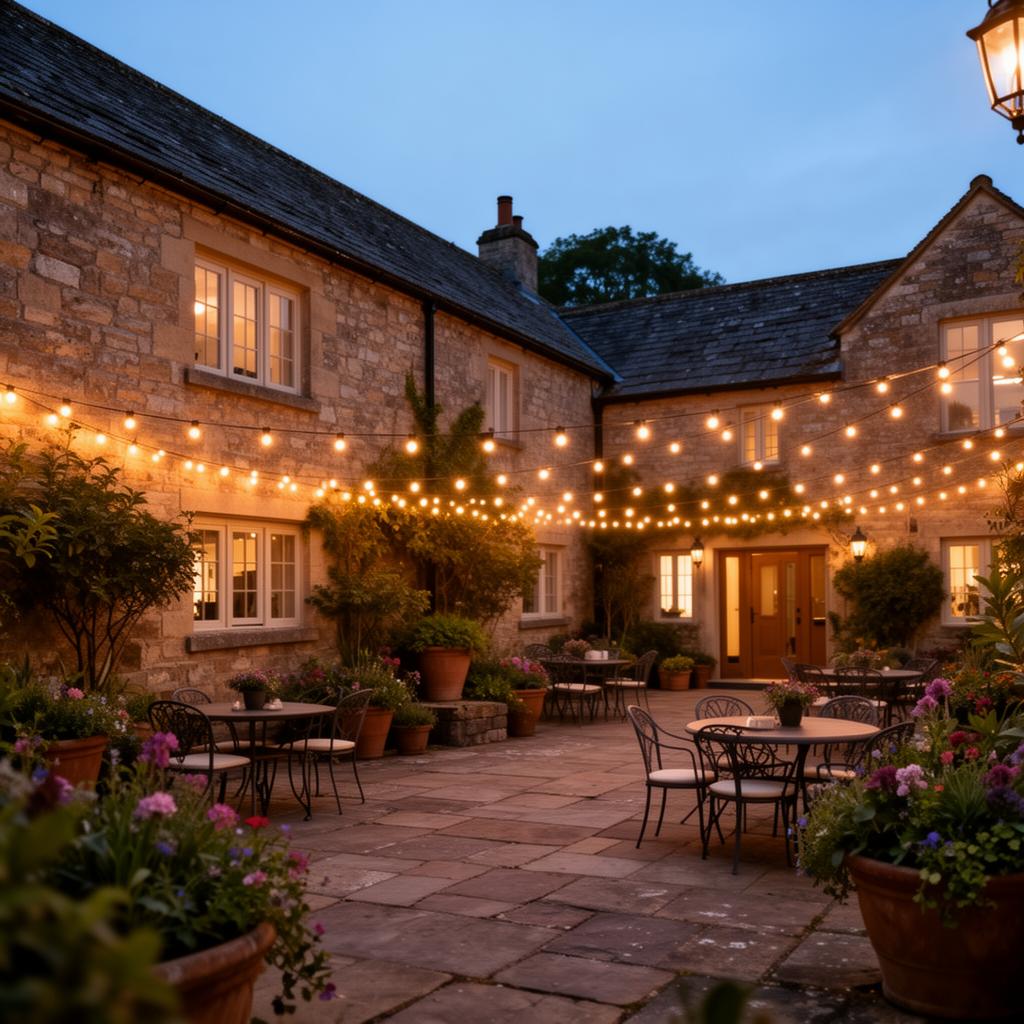 Rural stone wedding venue courtyard at dusk with string lights